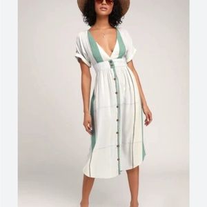 NWT Cotton Dress V Plunge Green, White, Blue
